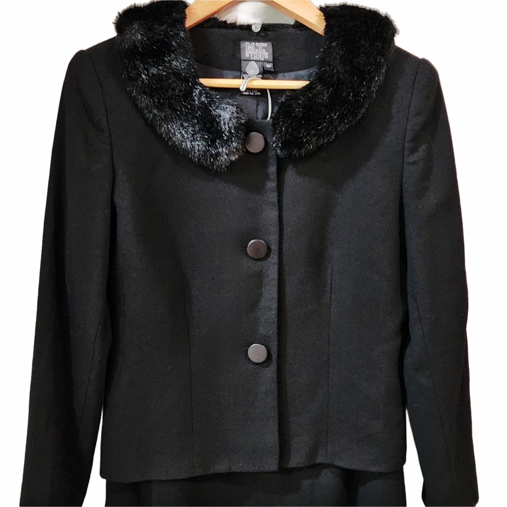 Vintage MT Studio Black 100% Wool Suit/Skirt Set w/Removable Faux Fur Collar, 6P - Picture 3 of 9